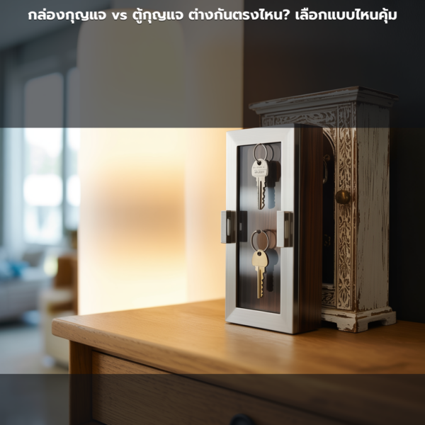 เปรียบเทียบกล่องกุญแจแบบกุญแจล็อคสีครีมกับตู้กุญแจแบบรหัสล็อคสีดำติดผนัง
