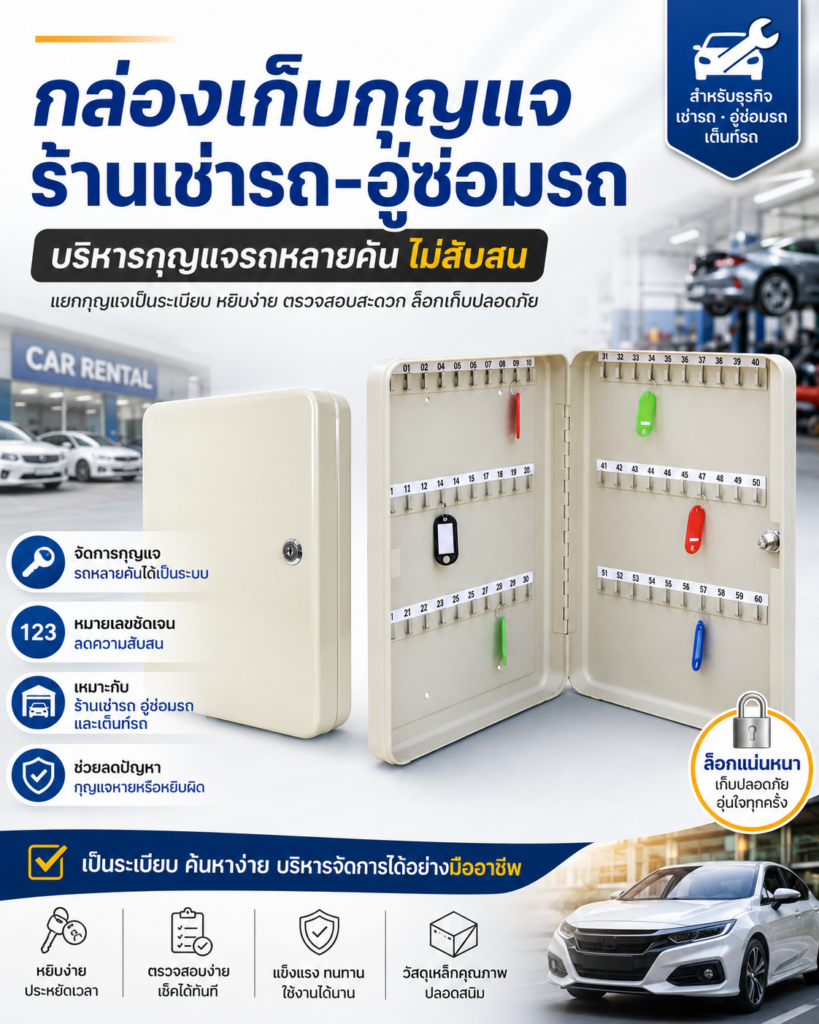 กล่องเก็บกุญแจรถติดผนังในร้านเช่ารถ จัดเก็บกุญแจหลายคันเป็นระเบียบ