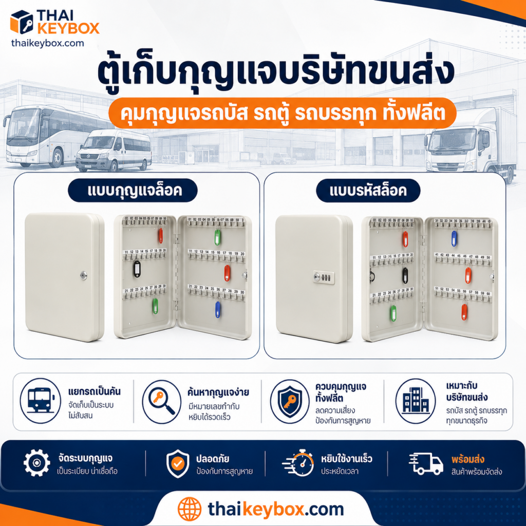 ตู้เก็บกุญแจบริษัทขนส่งติดผนังในห้องจ่ายงาน แขวนกุญแจรถบัสรถตู้ทั้งฟลีตเป็นระเบียบ