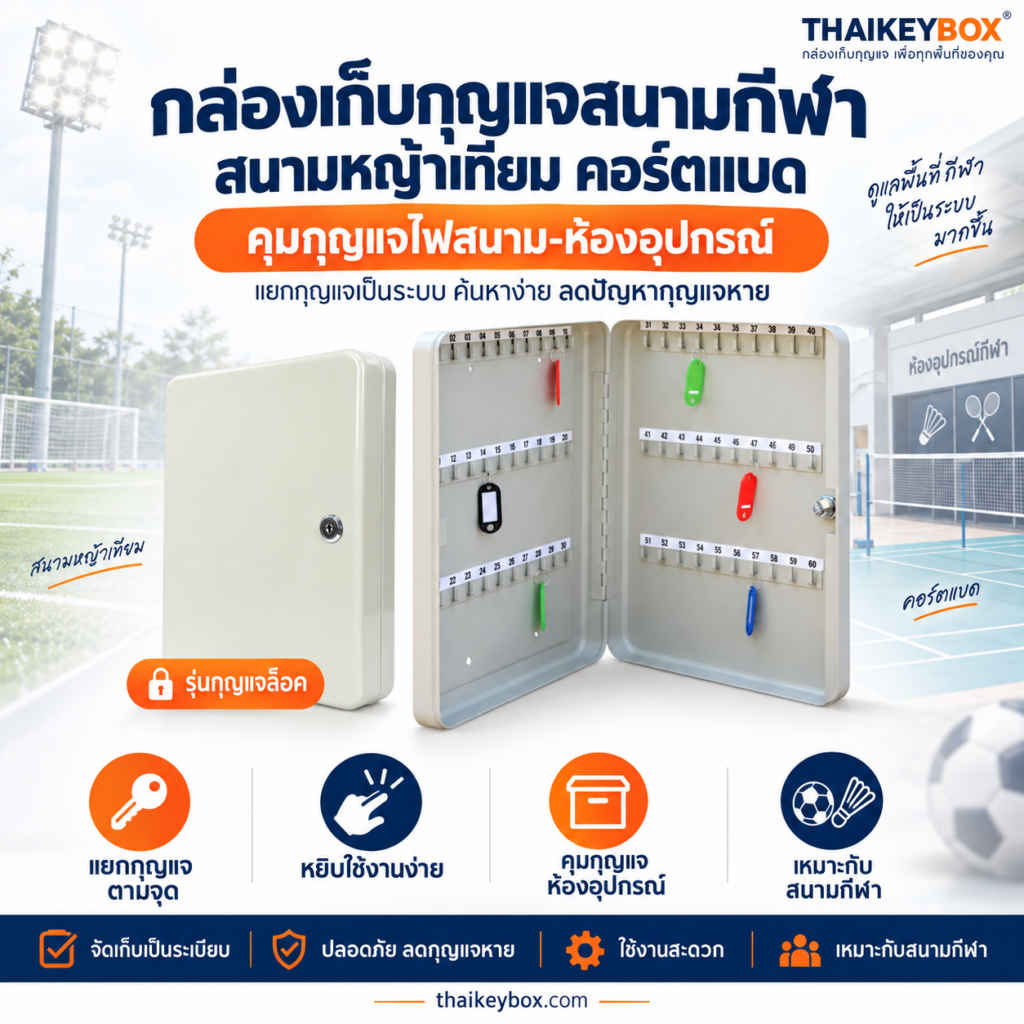 กล่องเก็บกุญแจสนามกีฬาแบบรหัสล็อคติดผนังริมสนามหญ้าเทียม คุมกุญแจไฟสนาม