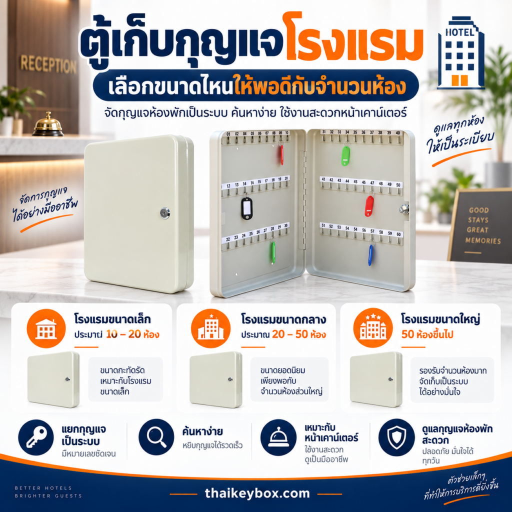 ตู้เก็บกุญแจโรงแรมติดผนังหลังเคาน์เตอร์ต้อนรับ แขวนกุญแจห้องพักพร้อมป้ายหมายเลขห้อง