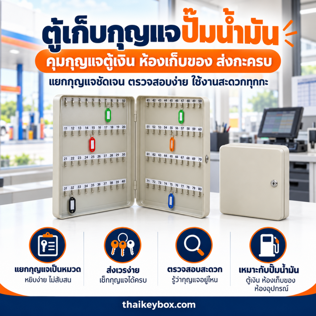 ตู้เก็บกุญแจปั๊มน้ำมันแบบรหัสล็อค ติดผนังห้องแคชเชียร์ แขวนกุญแจแยกโซนพร้อมป้าย