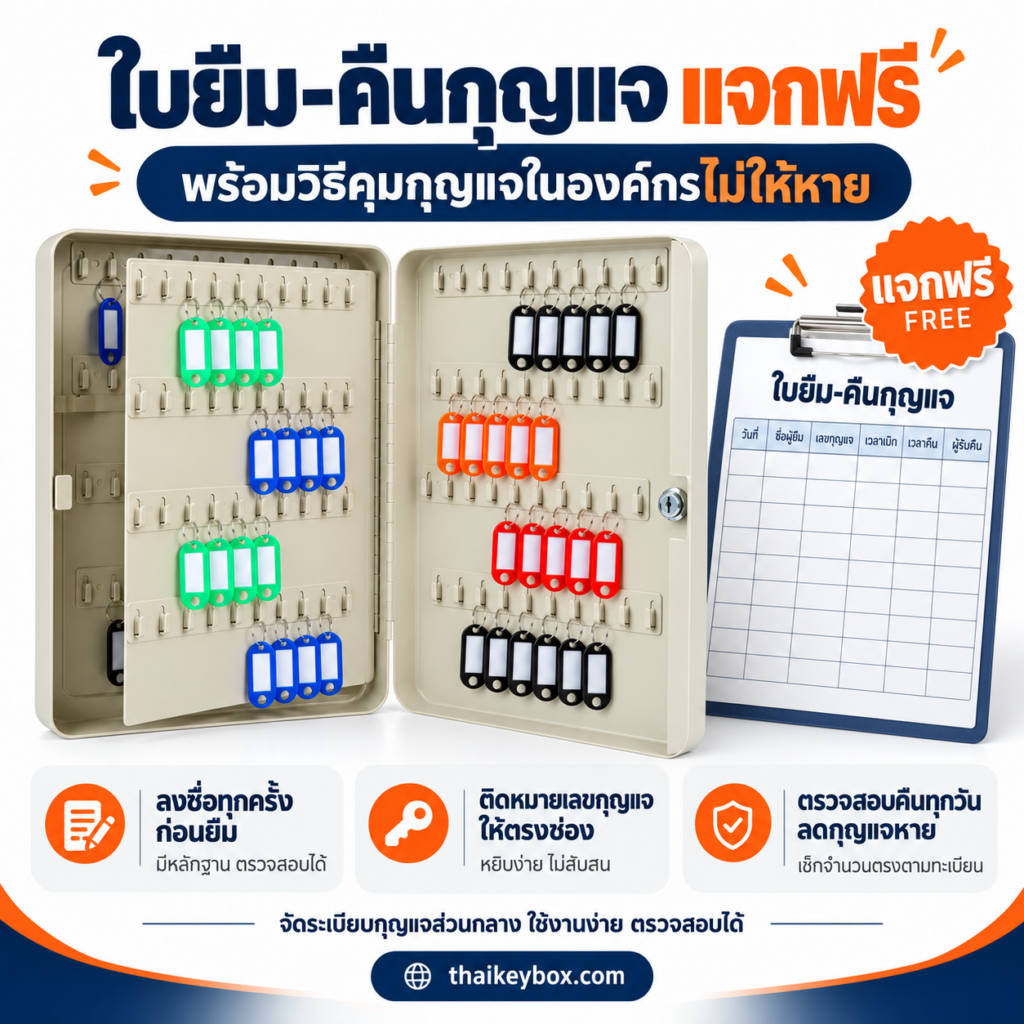 ใบยืม-คืนกุญแจ แบบฟอร์มตาราง วางบนโต๊ะข้างตู้เก็บกุญแจติดผนังในสำนักงาน