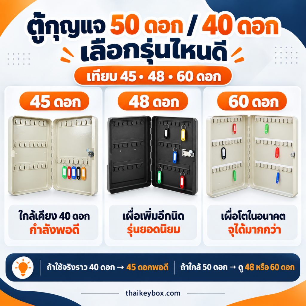 ตู้กุญแจ 50 ดอกติดผนัง เทียบขนาดกับรุ่น 45 ดอก 48 ดอก และ 60 ดอก