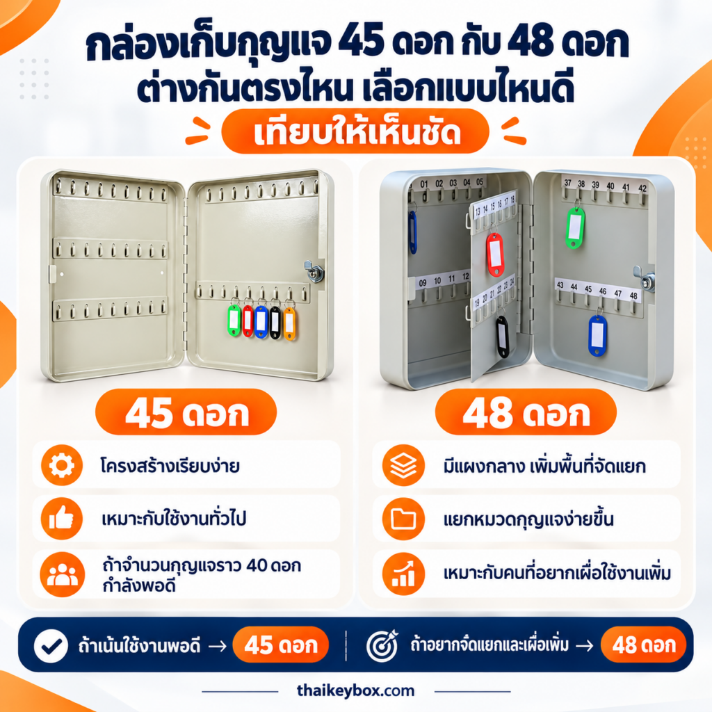 กล่องเก็บกุญแจ 45 ดอก และ 48 ดอก สีครีม วางเทียบขนาดความกว้างและความลึก