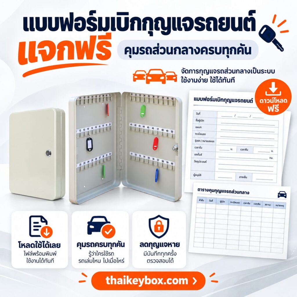แบบฟอร์มเบิกกุญแจรถยนต์บนคลิปบอร์ด แขวนข้างตู้เก็บกุญแจติดผนังในสำนักงานลานจอดรถบริษัท