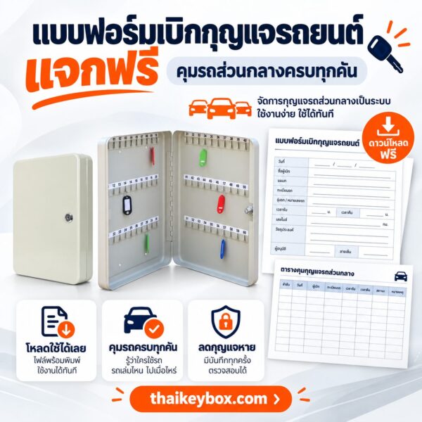 แบบฟอร์มเบิกกุญแจรถยนต์บนคลิปบอร์ด แขวนข้างตู้เก็บกุญแจติดผนังในสำนักงานลานจอดรถบริษัท
