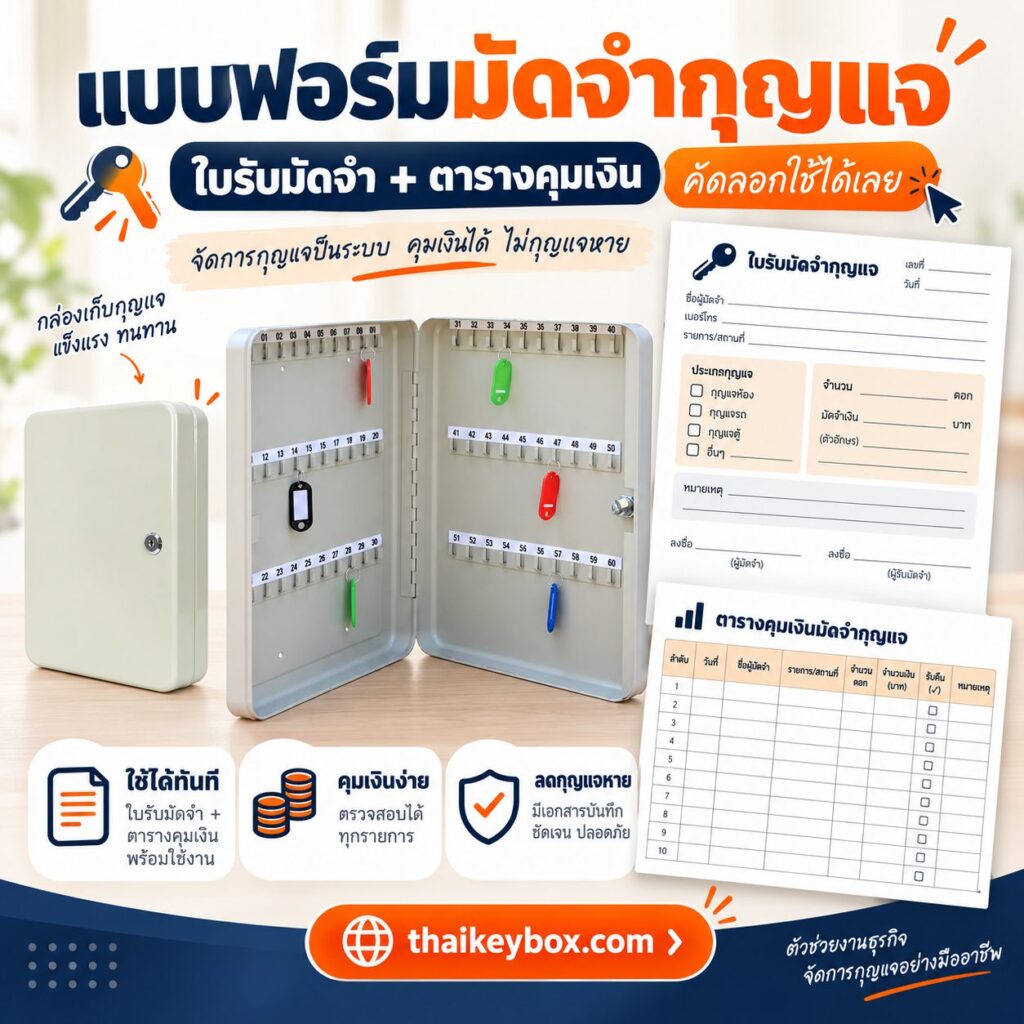 แบบฟอร์มมัดจำกุญแจ ใบรับมัดจำวางบนเคาน์เตอร์หอพัก ข้างตู้เก็บกุญแจติดผนัง