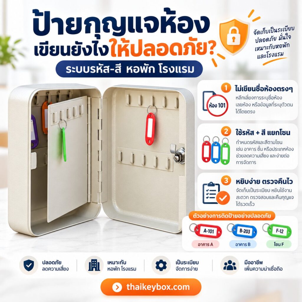 ป้ายกุญแจห้องแบบรหัสและแยกสี แขวนบนตะขอในตู้เก็บกุญแจติดผนังหลังเคาน์เตอร์หอพัก